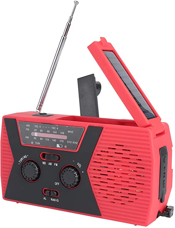 MUCH Emergency Solar Hand Crank Radio with Phone Charger Reading Lamp Self Powered Weather Radio with AM/FM, LED Flashlight 1000mAh Power Bank for iPhone/Smart Phone (Red)