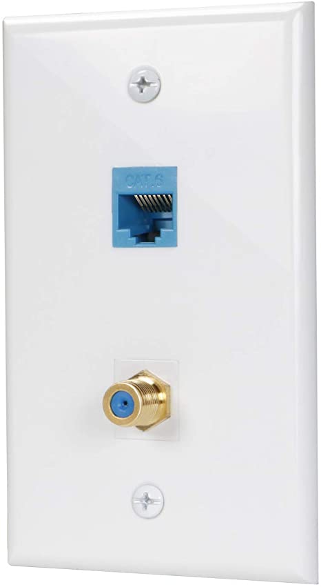 Coax Ethernet Wall Plate, Cat6 Ethernet Outlet and 1 Gold-Plated Cable TV Coax F Type Port Keystone Female to Female Wall Plate
