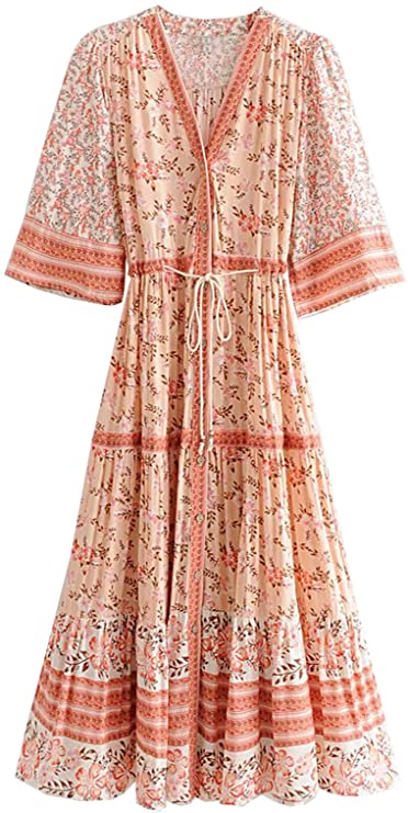 R.Vivimos Women's Summer Cotton Printed Half Sleeve V Neck Flowy Midi Dress