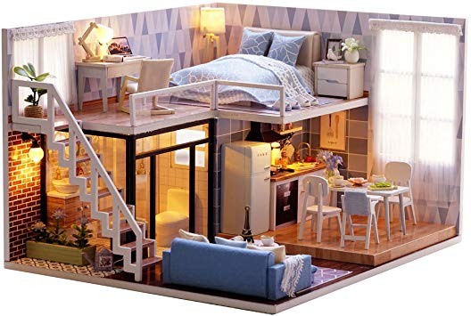 MAGQOO 3D Wooden Dollhouse Miniature DIY House Kit with Furniture,1:24 DIY Dollhouse Kit (Blue Time Dust Proof Included)