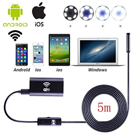 Wifi Wireless Waterproof Endoscope,8mm Borescope Inspection Camera With 6LED 2.0 Megapixels HD 720P IP67 Tube Waterproof Inspection Camera for Android IOS Windows System(5m)