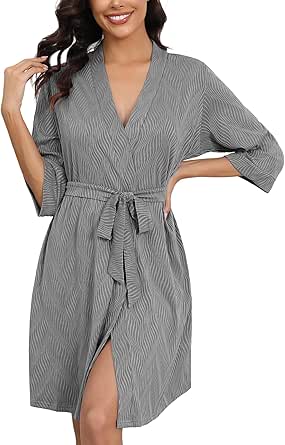 Ekouaer Robes for Women Ribbed Knit Bathrobe Soft Knee Length Kimono Robe 3/4 Sleeve Sleepwear with Pockets S-XXL