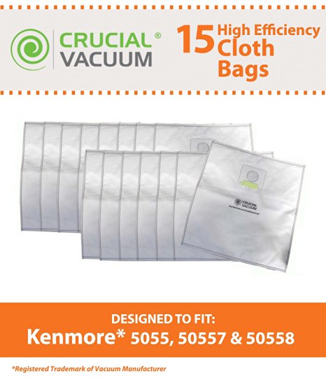 15 Kenmore Type C HEPA Style Cloth Allergen Bags Designed To Fit Kenmore Canister Type C, 5055, 50557, 50558 Kenmore Type Q, Panasonic Type C-5 & C-19 (MC-V295H), Compare to Kenmore Part # 433934, Designed & Engineered By Crucial Vacuum