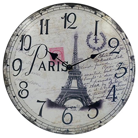 Hippih Silent Round Wall Clocks (12 Inches) Living Room Decorative Vintage / Country / French Style Wooden Clock(Round Eiffel)