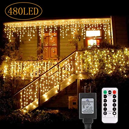 B-right 480 LED Icicle Lights, 32.8ft x 2.6ft Christmas Lights Plug in Remote 29V 8 Modes LED String Lights for Home Garden Bedroom Wedding Party Curtain Outdoor Indoor Wall Decorations, Warm White