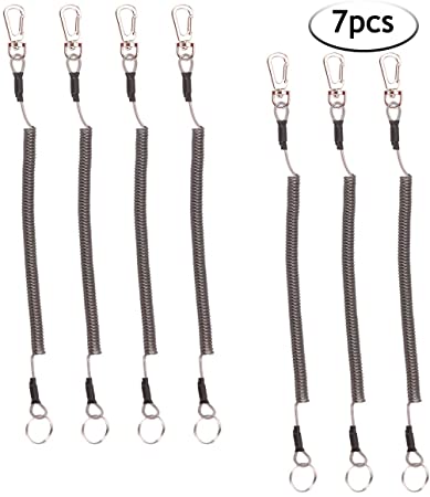 BB Hapeayou Fishing Lanyard (7Pcs) Safety Retractable Coiled Tether with Carabiner and Split Ring for Pliers, Boating, Tools(Black)