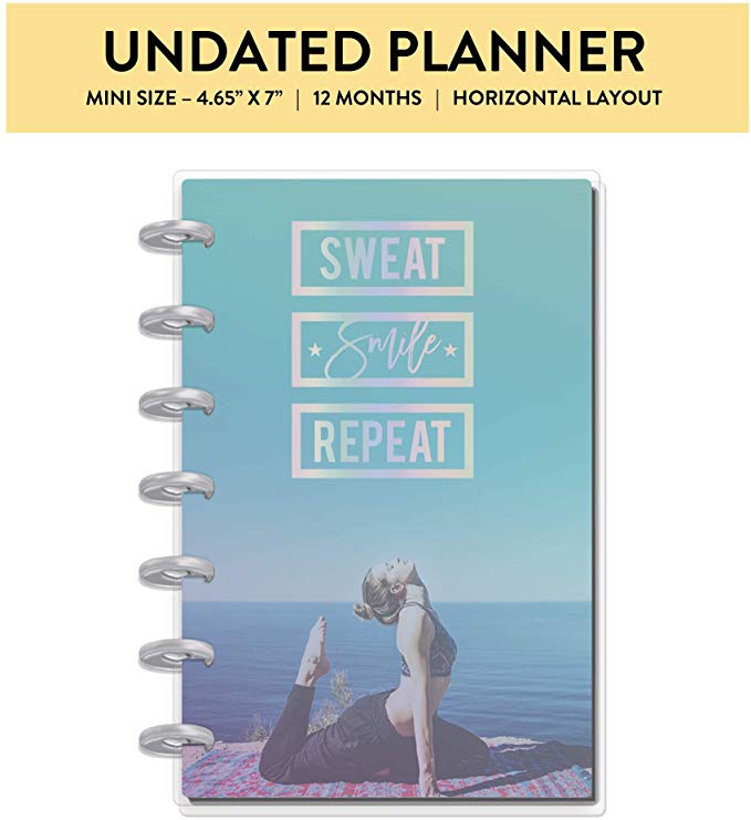 me & my BIG ideas The Happy Planner - Sweat, Smile, Repeat Theme - 12 Month Undated - Horizontal Layout - Track Meals, Exercise, Water Intake & Goals - Mini Size