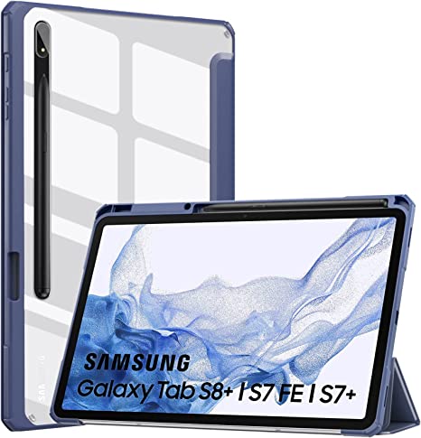 MoKo Case Fits Samsung Galaxy Tab S8   12.4 2022 (SM-X800/X806) / Tab S7 FE 12.4-Inch 2021 / Tab S7 Plus 12.4 2020 with S-Pen Holder, Transparent Back Tablet Cover with Auto-Wake, Indigo