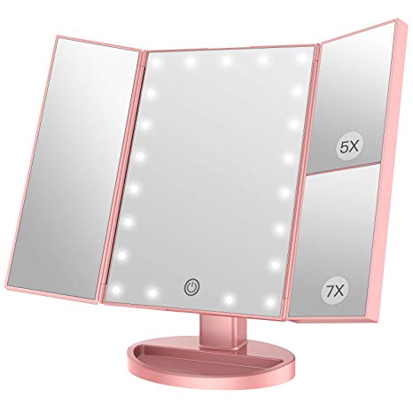 [2018 Newest]MayBeau Lighted Makeup Mirror, 1X/5X/7X Magnification, Trifold Vanity Mirror with 21 LED lights, Touch Screen, Dual Power Supply, 180 Degree Rotation Countertop Cosmetic Mirror(Rose Gold)