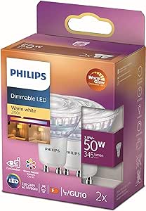 Philips ampoule LED Spot GU10 50W Blanc Chaud Compatible Variateur, Verre, Lot de 2