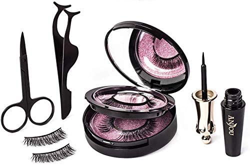 Magnetic Eyelashes & Eyeliner Kit, Anjou Reusable False Lashes 3-Pair Set Regular Wispies & Demi Wispies with Scissors Lashes Applicator and Mirror for Work Wedding Cocktail Party, No Glue Needed, Best Gift for Valentine's Day