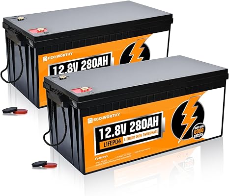 ECO-WORTHY 12V 280Ah 2Pack LiFePO4 Lithium Battery with Excellent Low Temperature Performance, 6000  Deep Cycles BMS, 7168Wh Energy, for RV, Off-Grid, Solar Power System, Home Backup, UPS, Marine