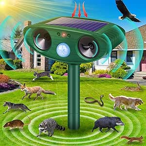 Ultrasonic Animal Repellent Outdoor, 2024 Newly Solar Powered Animal Repeller, Waterproof Cat Repellent Outdoor with Motion Sensor to Repel Squirrels, Raccoon, Rabbit, Fox & Skunk Out of Yard, Garden