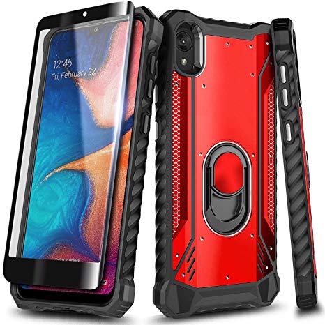 NageBee Case for Samsung Galaxy A10E with Tempered Glass Screen Protector(Full Coverage), Aluminum Metal Built-in Magnetic Ring Stand, Full-Body Protective Shockproof Military Cover Bumper Case -Red