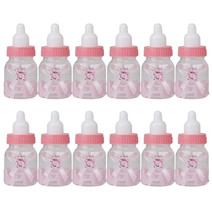 AerWo Baby Shower Favors Fillable Mini Bottle Candy Gift Box for Boy Girl Newborn Infant Baptism Christening Birthday Party Decoration (24 Packs, Pink)