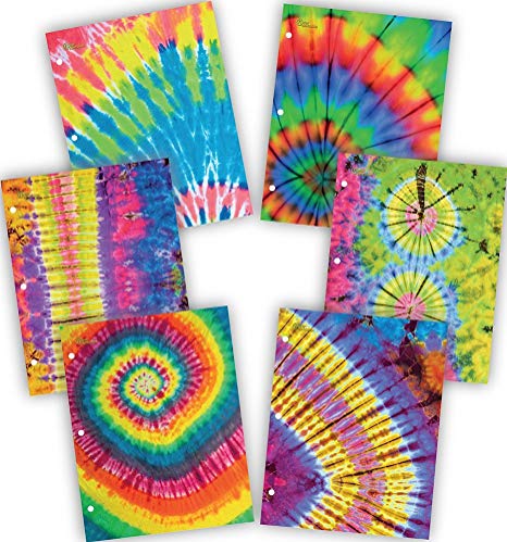New Generation - Tie Dye - 2 Pocket Folders/Portfolio 6 PACK Letter Size with 3 Hole Punch to use with your Binder Heavy Duty Glossy Finish UV Laminated Folder - Assorted 6 Fashion Design (6 PACK)