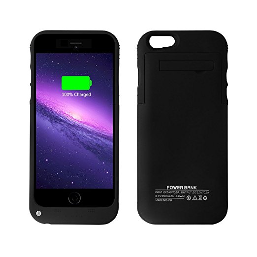 YHhao 3500mAh iPhone 6 Battery Case, Extended Backup Power Bank External Protective Charger Case with Kick Stand and LED Indicator for iPhone 6/6s/SE (Carbon Black)
