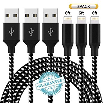 DANTENG Lightning Cable 3Pack 6FT Nylon Braided Certified iPhone Cable USB Cord Charging Charger for Apple iPhone X, 8, 7, 7 Plus, 6, 6s, 6 , 5, 5c, 5s, SE, iPad, iPod Nano, iPod Touch (BackWhite)