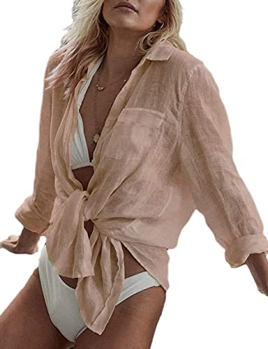 Bsubseach Women Long Sleeve Beach Shirt Blouses Turn Down Collar Bathing Suit Cover Ups