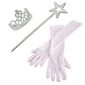 3 Piece Set: White Princess Gloves with Silver Tiara,Wand and Drawstring Bag