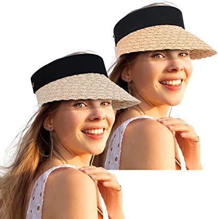 2 Pack Women Straw Sun Visor Hat Wide Brim Summer UV Protection Beach Cap Roll-up Foldable Golf Hat