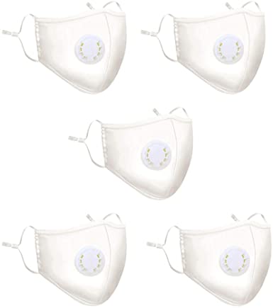 5 Pcs White Washable Reusable 100% Cotton Mask with Breath Valves, Unisex-adult Face Protection from Dust Pollen Pet Dander
