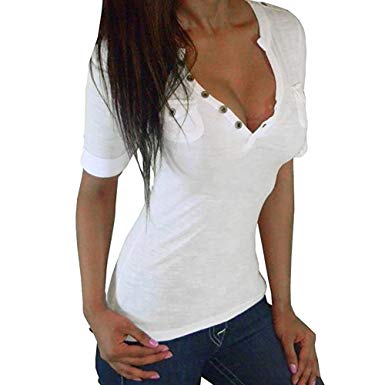 Exlura Women's Sexy Tight Front Button Tee Shirt Cotton Blend Tunic Tops Long Short Sleeves