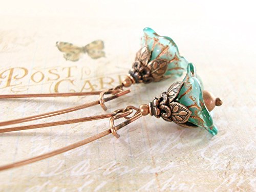 Turquoise Dainty Flower Dangle Earrings with Long Kidney Ear Wires and Antiqued Copper
