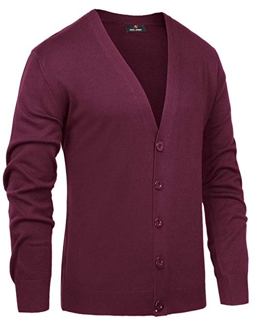 PAUL JONES Mens Stylish V-Neck Button Placket Cardigan Sweater with Ribbing Edge