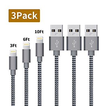 Lightning Cable 3 Pack 3FT 6FT 10FT Nylon Braided iPhone Certified Lightning to Usb Cable Fast Charging Cable for Apple iPhone 7/7 Plus/6S/6/6 Plus/6S Plus/5S/5C/SE/5/iPad Air/Mini/iPod Nano/Touch