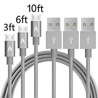 JJCall 3Pack 3ft 6ft 10ft Premium Nylon Braided Micro USB Cable High Speed USB 2.0 A Male to Micro B Sync and Charging Cables for Samsung, HTC, Motorola,Android(Grey)