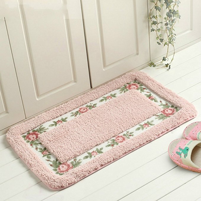 Sytian® Decorative Super Soft Floral Design Rural Style Pretty Rose Pattern Non Slip Absorbent Shaggy Area Rug Carpet Doormat Floormat Bath Mat Bathroom Shower Rug (15.75*23.62 Inch) (Pink)