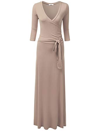NINEXIS Women's V-Neck 3/4 Sleeve Waist Wrap Front Maxi Dress