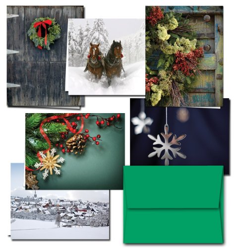72 Holiday Cards - Winter Greetings - 6 Designs - Blank Cards - Green Envelopes Included