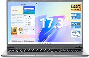 SGIN Laptop, 8GB DDR4 256GB SSD Notebook, 17.3 Inch Laptops Computer with Celeron Processor(up to 2.6 GHz), 8000mAh, Webcam, Mini HDMI, USB3.2 * 2, Dual WiFi, Type-C(Slim)