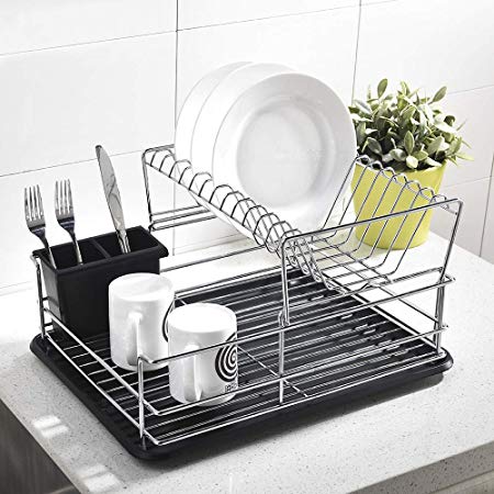 IKEBANA Quality 2-Tier Stainless Steel Collapsible Kitchen Dish Drying Rack, Dish Rack with Black Cutlery Holder and Silicone Drainboard