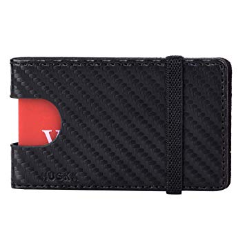 Slim Leather Credit Card Holder for Men - Minimalist Front Pocket Wallet with Elastic Money Clip (Carbon Black [CSC9-BCPU])