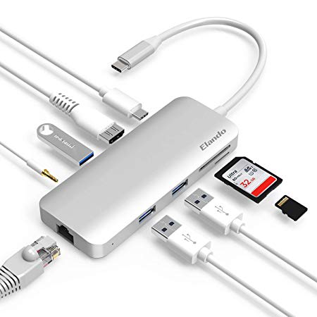 Elando USB C Hub, 9-in-1 Type C Hub with 4K HDMI, Gigabit Ethernet, USBC Power Delivery, USB 3.0 USB 2.0 Ports, SD/TF Card Reader, Audio Jack, Compatible for USB C Device