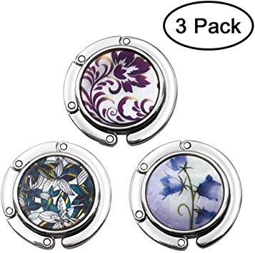 FOME Handbag Hanger, Set of 3 Foldable Purse Hook Purse Table Hook Holder Flower and Tree Pattern Bag Hanger Hook 3.54x1.77in Mixed Color