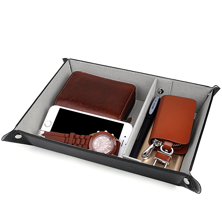 Valet Tray for Storage,PU Leather Jewelry Nightstand Organizer Watch Coin Change Key Tray Box Black