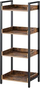 Rolanstar Bookshelf, 4-Tier Storage Rack, Narrow Corner Bookshelf, Display Wooden Shelves for Living Room, Bathroom, Balcony, Kitchen,Rustic Brown