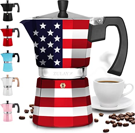 Zulay Classic Stovetop Espresso Maker for Great Flavored Strong Espresso, Classic Italian Style 5.5 Espresso Cup Moka Pot, Makes Delicious Coffee, Easy to Operate & Quick Cleanup Pot (American Flag)