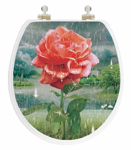 TOPSEAT 6TS3R8600CP 000 3D Vario Scenario "Rose" Round Toilet Seat with Chromed Metal Hinges, Wood Finish