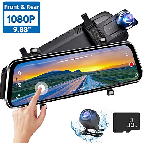 Directtyteam Mirror Dash Cam Backup Camera,1080P HD 9.88" Full Touch Screen Car Rear View Mirror Camera Dual Lens Front Rearview Mirror Dashcam Video Recorder Parking Monitor,Night Vision Waterproof Rear Cam