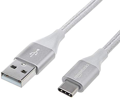 AmazonBasics Double Braided Nylon USB Type-C to Type-A 2.0 Male Cable | 0.9 m, Silver