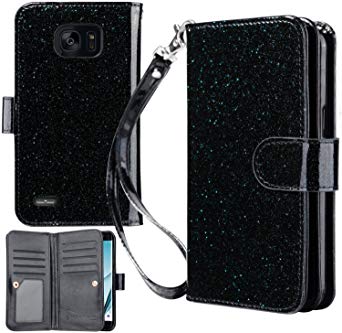 UrbanDrama for Samsung Galaxy S7 Edge Case Galaxy S7 Edge Case, Glitter Shiny Faux Leather Magnetic Closure 9 Credit Card Slots Cash Holder Protective Case for Samsung S7 Edge 5.5 inch, Black