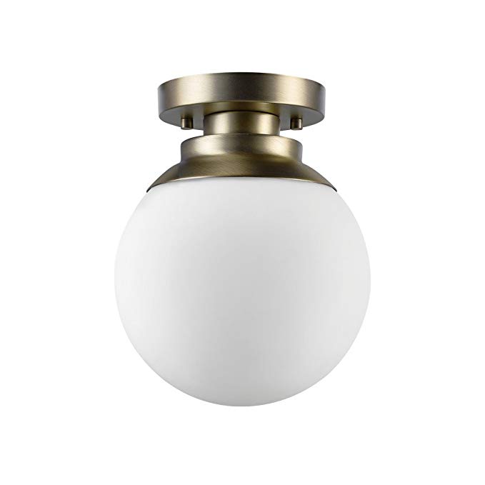 Globe Electric 65792 Portland 1 Ceiling Light, Brass Finish, Matte Opal Glass Shade, Semi-Flush Mount, White