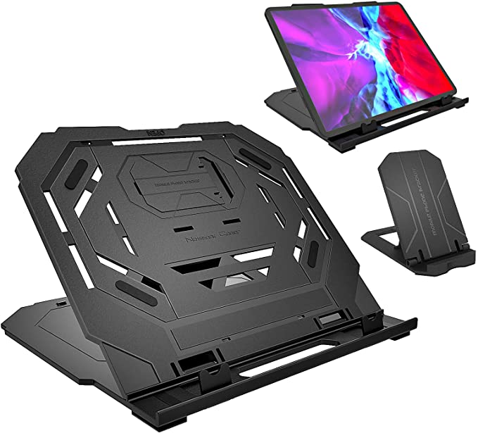 MoKo Drawing Tablet Stand, Laptop Lifter Stand Foldable Desk Stand for Tablet 10 Angles Adjustable with a Built-in Cell Phone Stand, Fit with 2021 MacBook Pro 14"/16", iPad 9, iPad Mini 6, Black