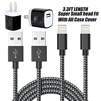 LTI-Direct iPhone iPod Charger Combo 2X Wall Adapter 2X 3.3ft Nylon Braided 8 Pin USB Charger Cable For iPhone 7 7S Plus ,SE, 6, 6s plus, 5 5s 5c iPod Touch 5 Nano 7 (Black)