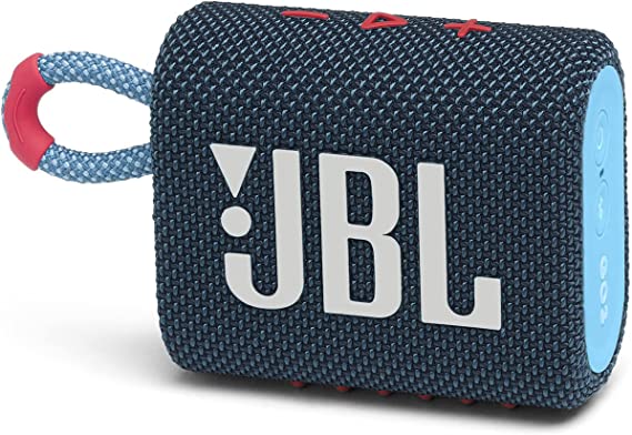 JBL GO 3 - Wireless Bluetooth portable speaker with integrated loop for travel with USB C charging cable, in blue and pink